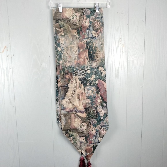 Vintage Tapestry Table Runner Cats in The Garden Tea Time Tassels 80s Romantic - Picture 1 of 15